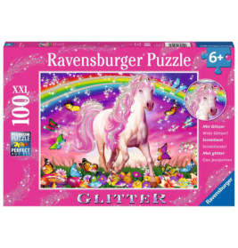 Puzzlebox mit pinkem Einhorn, Regenbogen, Schmetterlingen und Blumen, für Kinder ab 6 Jahren, mit Glitzereffekten.