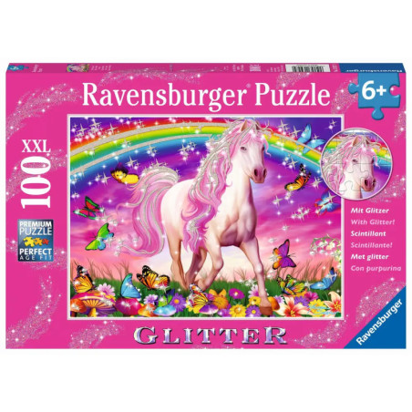 Puzzlebox mit pinkem Einhorn, Regenbogen, Schmetterlingen und Blumen, für Kinder ab 6 Jahren, mit Glitzereffekten.