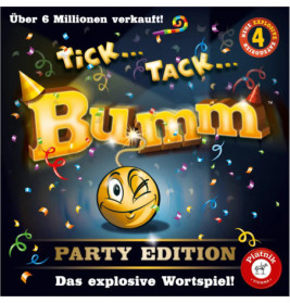 Cover der Tick Tack Bumm Party Edition mit Konfetti, Bomben-Cartoon und deutschem Text.