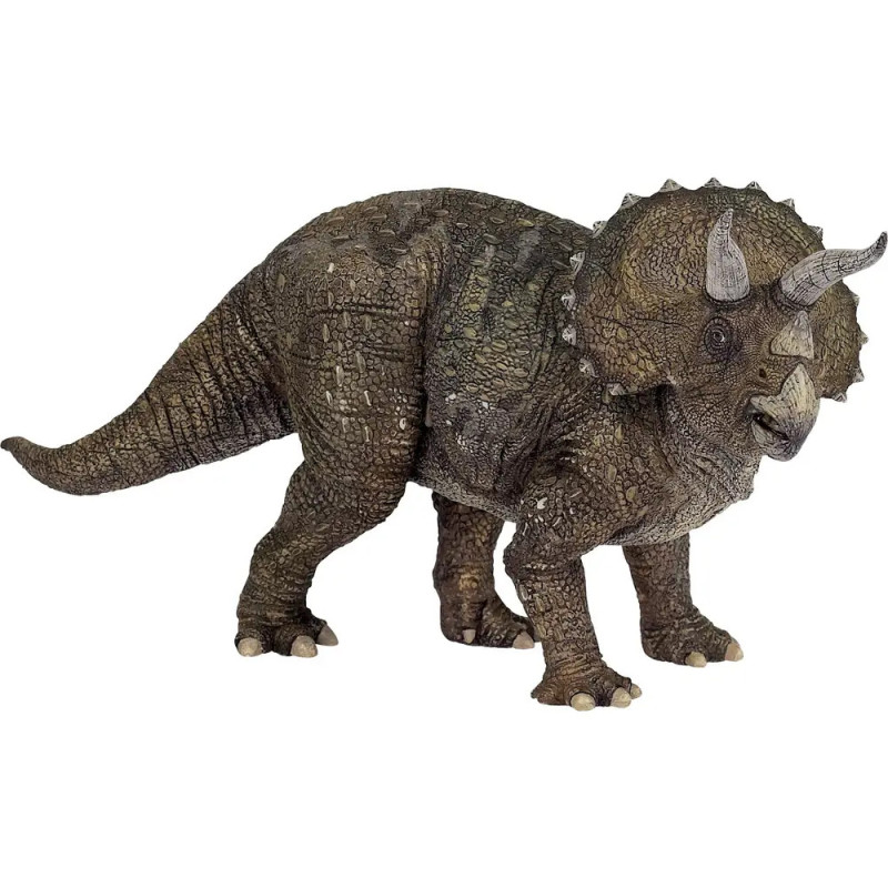 Ein detailgetreues Modell eines Triceratops mit drei Hörnern, brauner Haut und charakteristischem Nackenschild. Ein detailgetreues Modell eines Triceratops mit drei Hörnern, brauner Haut und charakteristischem Nackenschild.