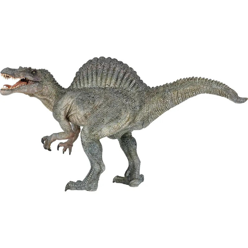 Ein Spinosaurus-Modell mit hohem Rückensegel steht mit geöffnetem Maul. Ein Spinosaurus-Modell mit hohem Rückensegel steht mit geöffnetem Maul.