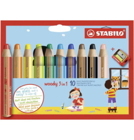 Stabilo Woofy 3-in-1 Buntstifte Set mit 10 Stiften und Spitzer, Verpackung zeigt Kinder beim Fensterzeichnen.