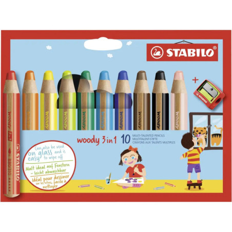 Stabilo Woofy 3-in-1 Buntstifte Set mit 10 Stiften und Spitzer, Verpackung zeigt Kinder beim Fensterzeichnen. Stabilo Woofy 3-in-1 Buntstifte Set mit 10 Stiften und Spitzer, Verpackung zeigt Kinder beim Fensterzeichnen.