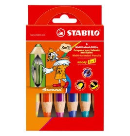 Rote Stabilo Swano 3-in-1-Stiftebox mit sechs Buntstiften und einer Cartoon-Vogel-Illustration.