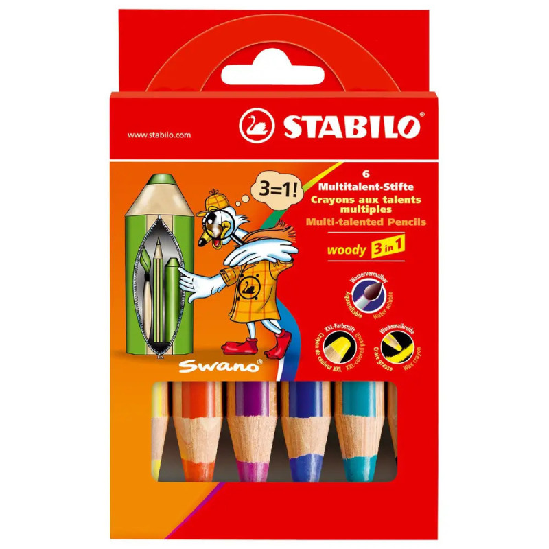 Rote Stabilo Swano 3-in-1-Stiftebox mit sechs Buntstiften und einer Cartoon-Vogel-Illustration. Rote Stabilo Swano 3-in-1-Stiftebox mit sechs Buntstiften und einer Cartoon-Vogel-Illustration.