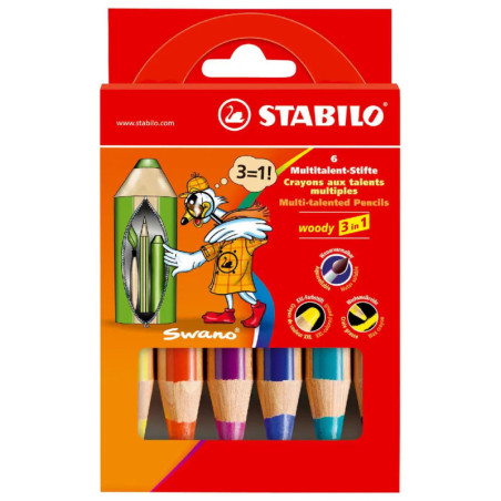 Rote Stabilo Swano 3-in-1-Stiftebox mit sechs Buntstiften und einer Cartoon-Vogel-Illustration. Rote Stabilo Swano 3-in-1-Stiftebox mit sechs Buntstiften und einer Cartoon-Vogel-Illustration.