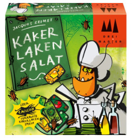 Bunte Brettspielschachtel mit Comic-Koch, Kakerlaken und grüner Tafel mit Schriftzug Kakerlaken Salat.