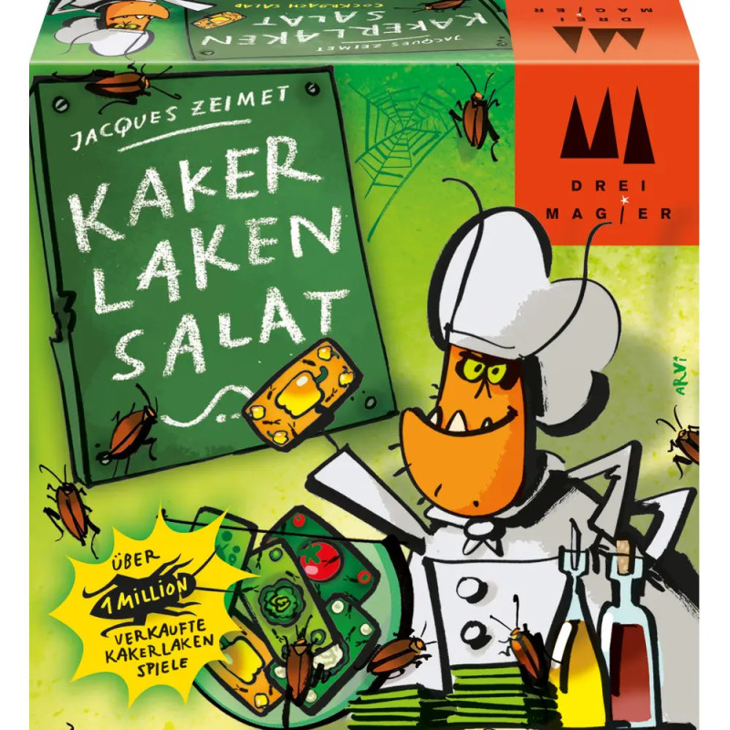 Bunte Brettspielschachtel mit Comic-Koch, Kakerlaken und grüner Tafel mit Schriftzug Kakerlaken Salat.