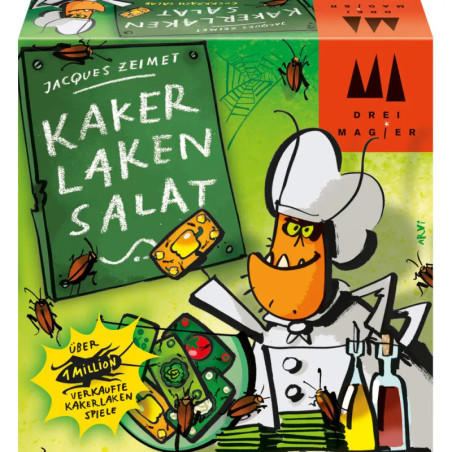 Bunte Brettspielschachtel mit Comic-Koch, Kakerlaken und grüner Tafel mit Schriftzug Kakerlaken Salat.