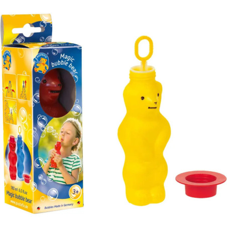 Gelbe Bären-Seifenblasenflasche mit rotem Deckel, Stab und Verpackung mit Kind beim Blasen.