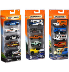 Drei Packungen Matchbox-Autos mit thematischen Fahrzeugen: Polizei, Lkw und städtische Servicewagen.