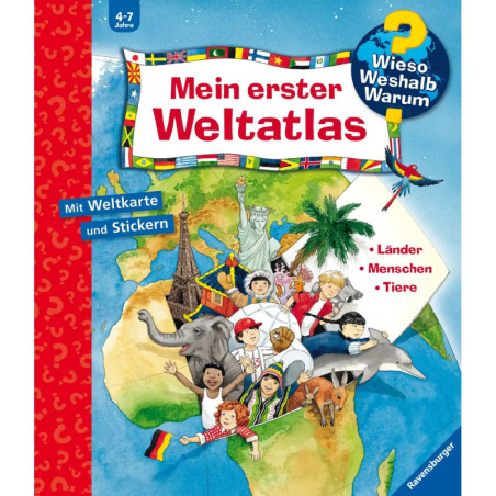 Kinder unterschiedlicher Herkunft stehen auf Afrikakarte mit Tieren und Flaggen deutscher Text auf dem Cover.