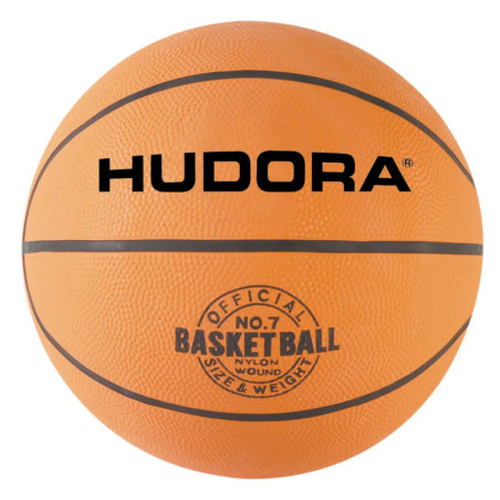 Orangener Hudora-Basketball mit der Aufschrift Official Basketball No. 7 Nylon Wound Size & Weight. Orangener Hudora-Basketball mit der Aufschrift Official Basketball No. 7 Nylon Wound Size & Weight.