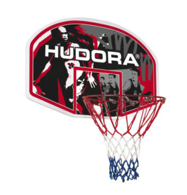 Basketballkorb mit rot-schwarz-weißer Rückwand, Sportlerabbildungen und dem Schriftzug HUDORA.