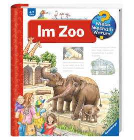 Kinder und Erwachsene sehen im Zoo Elefanten das Buchcover Im Zoo zeigt illustrierte Tiere.