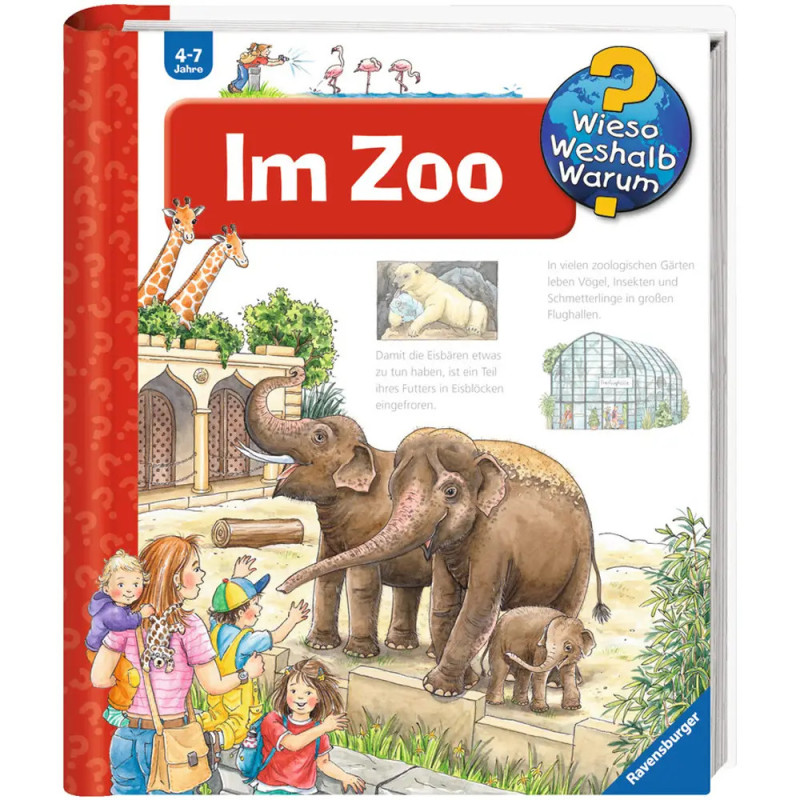 Kinder und Erwachsene sehen im Zoo Elefanten das Buchcover Im Zoo zeigt illustrierte Tiere.