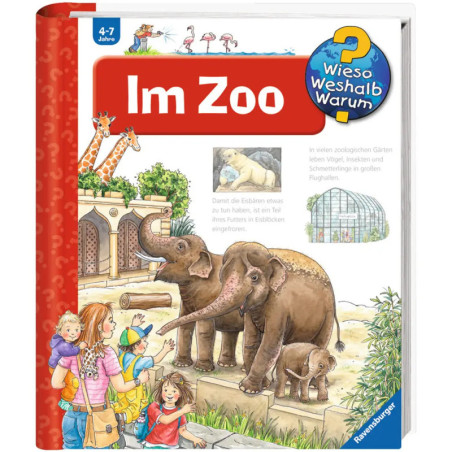 Kinder und Erwachsene sehen im Zoo Elefanten das Buchcover Im Zoo zeigt illustrierte Tiere.