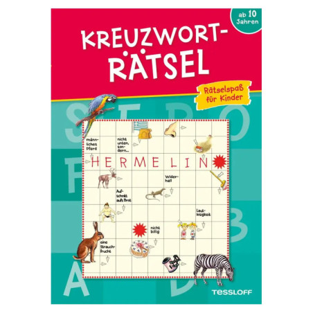 Buntes deutsches Kreuzworträtselbuch für Kinder mit Tieren und dem Wort HERMELIN im Raster.