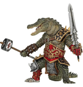 Anthropomorpher Alligator in rot-goldener Rüstung, mit Schwert und Hammer kampfbereit posierend.