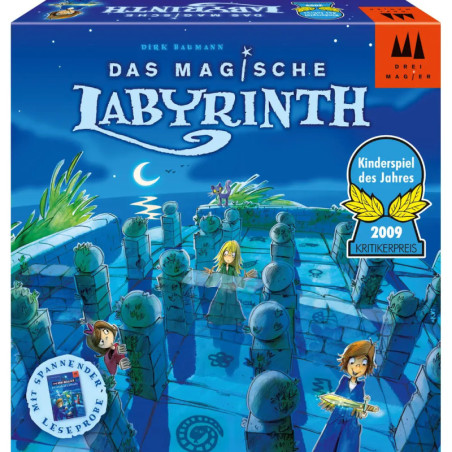Schachtel von Das Magische Labyrinth mit gezeichneten Kindern in einem nächtlichen, magischen Steinlabyrinth.