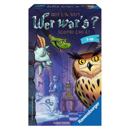 Bunte Spielebox Wer wars? von Ravensburger mit Eule, Schlange und Einhorn vor einer Schlosskulisse.