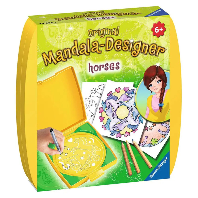 Gelbe Mandala-Designer Horses Box mit Pferdemotiven und Buntstiften auf der Vorderseite.