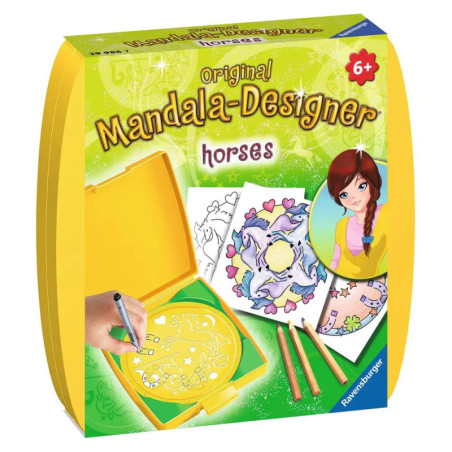 Gelbe Mandala-Designer Horses Box mit Pferdemotiven und Buntstiften auf der Vorderseite.