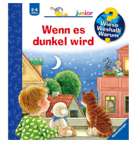 Ein Kind, ein Stofftier und eine Katze blicken aus dem Fenster auf den Nachthimmel mit Mond und Sternen.
