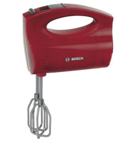 Roter Bosch-Handmixer mit zwei eingesetzten Metallrührstäben vor weißem Hintergrund.