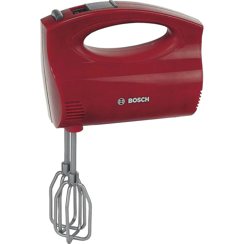 Roter Bosch-Handmixer mit zwei eingesetzten Metallrührstäben vor weißem Hintergrund. Roter Bosch-Handmixer mit zwei eingesetzten Metallrührstäben vor weißem Hintergrund.