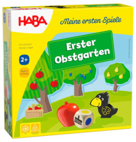 Box von HABAs Erster Obstgarten-Spiel mit Obst, einer Krähe und einem Würfel auf der Vorderseite.