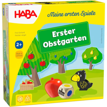 Box von HABAs Erster Obstgarten-Spiel mit Obst, einer Krähe und einem Würfel auf der Vorderseite. Box von HABAs Erster Obstgarten-Spiel mit Obst, einer Krähe und einem Würfel auf der Vorderseite.