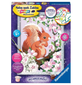 Malset-Box mit Eichhörnchen zwischen rosa Blumen, geeignet für Kinder ab 9 Jahren.