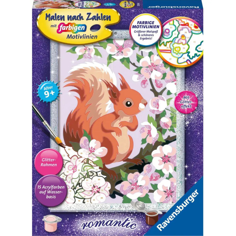 Malset-Box mit Eichhörnchen zwischen rosa Blumen, geeignet für Kinder ab 9 Jahren. Malset-Box mit Eichhörnchen zwischen rosa Blumen, geeignet für Kinder ab 9 Jahren.