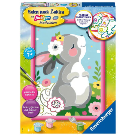 Malen-nach-Zahlen-Set mit Cartoon-Hase und Blumen, für Kinder ab 7 Jahren, von Ravensburger. Malen-nach-Zahlen-Set mit Cartoon-Hase und Blumen, für Kinder ab 7 Jahren, von Ravensburger.