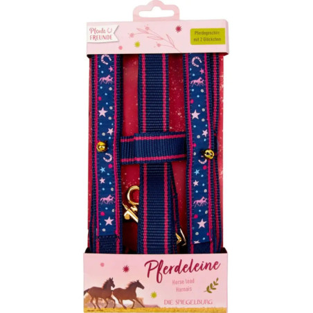 Blaues Führhalfter mit pinken Sternen und zwei goldenen Glöckchen in rosa Box mit Pferdemotiven verpackt.