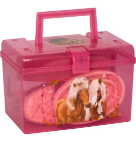 Pinke Box mit Griff, Pferdemotiven und pinken Pferdebürsten.