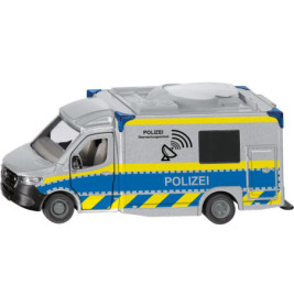 Deutscher Polizeispielzeugwagen mit blauen und gelben Streifen sowie POLIZEI-Schriftzug an der Seite.