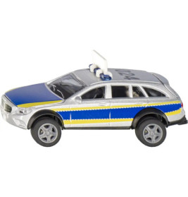 Spielzeug-Polizei-SUV mit blauen und gelben Streifen, silberner Karosserie und weißem Sirene auf dem Dach.