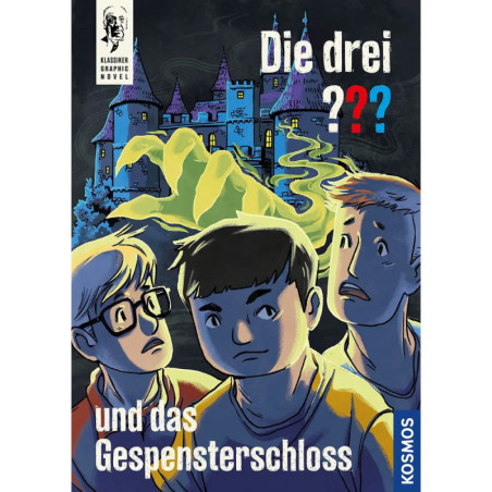 Drei Jungen vor einem unheimlich blau beleuchteten Schloss mit grünem Nebel deutscher Text auf dem Cover. Drei Jungen vor einem unheimlich blau beleuchteten Schloss mit grünem Nebel deutscher Text auf dem Cover.