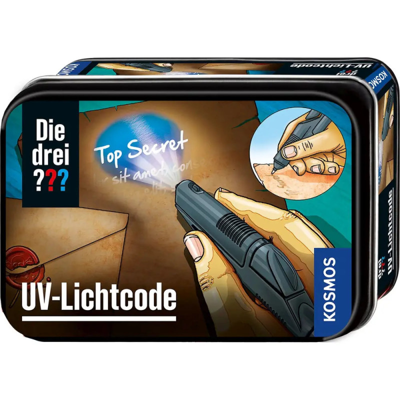Eine Hand enthüllt mit UV-Licht den Schriftzug Top Secret auf einem Umschlag, darunter Die drei ??? UV-Lichtcode. Eine Hand enthüllt mit UV-Licht den Schriftzug Top Secret auf einem Umschlag, darunter Die drei ??? UV-Lichtcode.