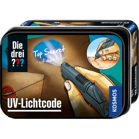Eine Hand enthüllt mit UV-Licht den Schriftzug Top Secret auf einem Umschlag, darunter Die drei ??? UV-Lichtcode. Eine Hand enthüllt mit UV-Licht den Schriftzug Top Secret auf einem Umschlag, darunter Die drei ??? UV-Lichtcode.