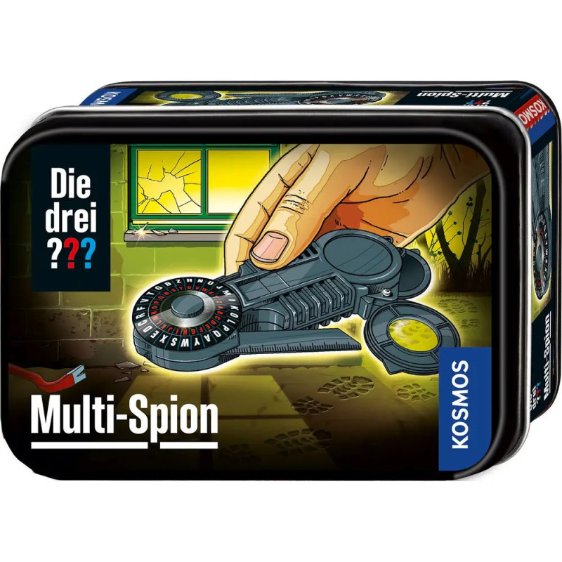 Hand mit Decoder vor zerbrochenem Fenster. Text: Die drei ? Multi-Spion, Kosmos.