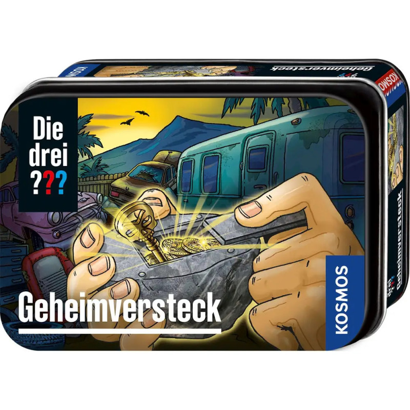 Hände öffnen ein Geheimfach mit Münzen im Hintergrund Wohnmobile, Palmen und deutsch beschriftete Box. Hände öffnen ein Geheimfach mit Münzen im Hintergrund Wohnmobile, Palmen und deutsch beschriftete Box.