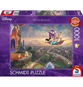 Schmidt Puzzle, 1000 Teile: Aladin und Jasmin fliegen auf einem Teppich über eine Stadt.