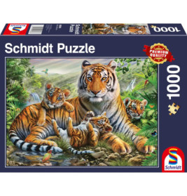 Puzzlekasten mit Illustration eines Tigers und drei Jungen in einer üppig grünen Dschungellandschaft.