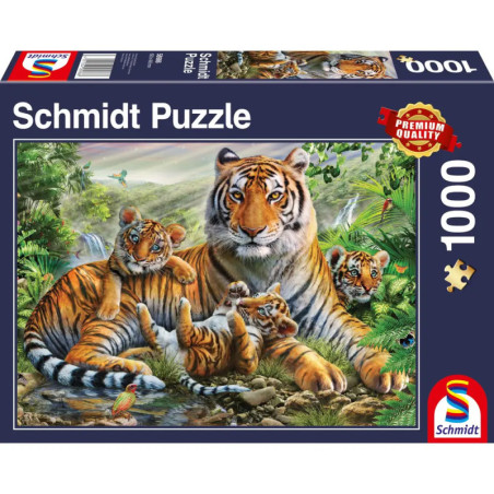 Puzzlekasten mit Illustration eines Tigers und drei Jungen in einer üppig grünen Dschungellandschaft. Puzzlekasten mit Illustration eines Tigers und drei Jungen in einer üppig grünen Dschungellandschaft.