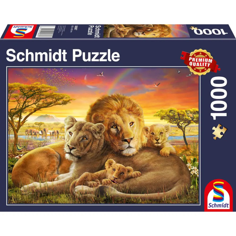 Löwenfamilie ruht bei Sonnenuntergang auf Grasland, Regenbogen und Wildtieren im Hintergrund. Schmidt 1000 Teile Puzzle.
