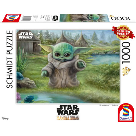 Schmidt Puzzle mit 1000 Teilen: Baby Yoda aus Star Wars vor naturreicher Kulisse auf der Verpackung abgebildet.