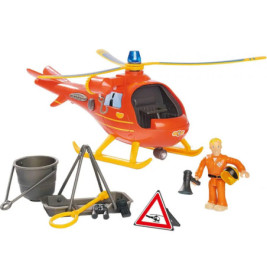 Rettungshubschrauber-Spielset mit Pilotfigur, Eimer, Trage, Megafon und Warnschild.